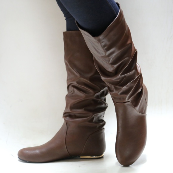 New Brown Slouchy Mid Calf Flat Heel Riding Boots - Picture 5 of 5